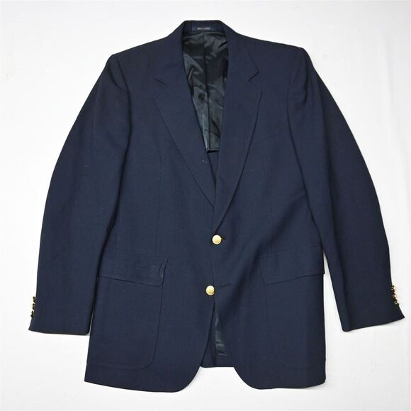 Vtg‎ Stanley Blacker 42L Navy Hopsack USA Made Gold Button Blazer Sport Jacket